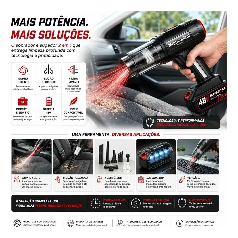 foto de Aspirador De Pó Portatil Recarregável Turbo Com Bateria 48v 3000mah Sem Fio Automotivo Elétrico Soprador Para Casa Carro Escritório Preto 127/220v - Multicontrol