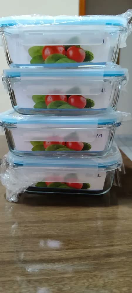 foto de Kit 4 Potes Vidro 630ml Hermético Marmita Forno Refratário Branca