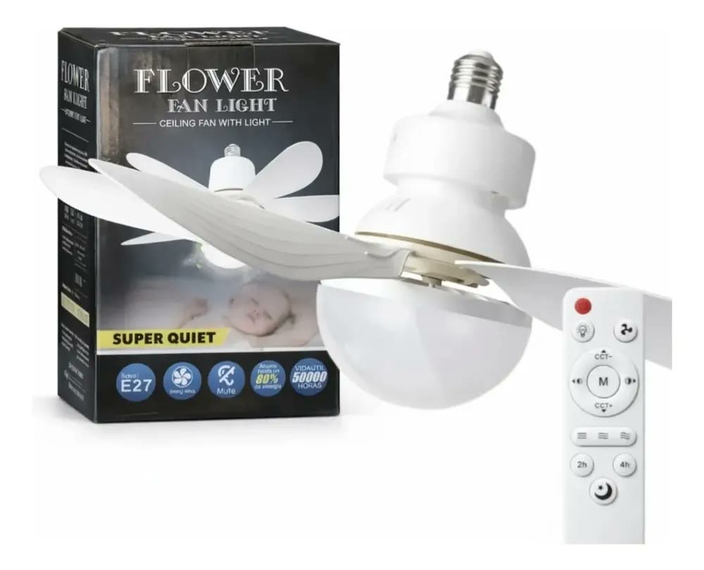 Lâmpada Led Ventilador De Teto 6 Pás E27 60w Bivolt Silencio 42 Cm 50 Hz/60 Hz Branco Plástico 6