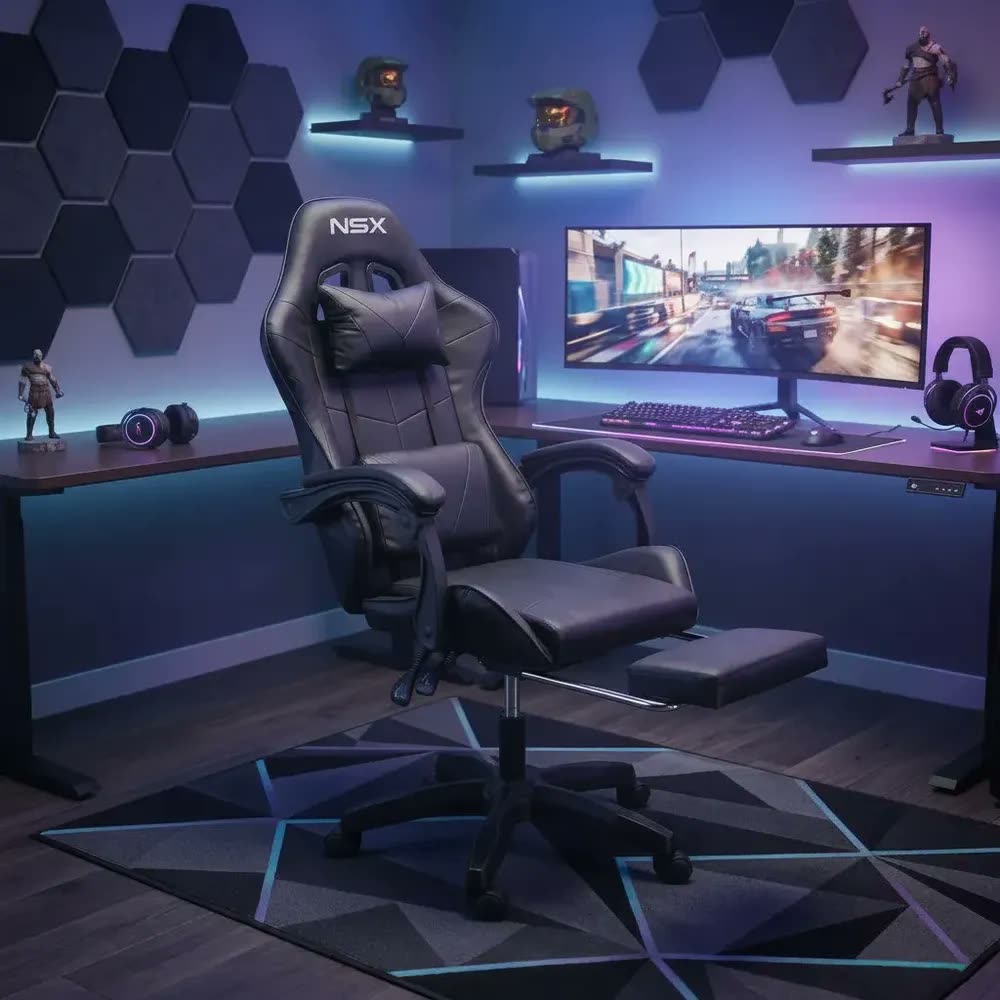 foto de Cadeira De Escritório Gamer Nsx Ergonômica Estofado Couro Sintético Reclinável Altura Ajustável Apoio Para Pés Cor Preta