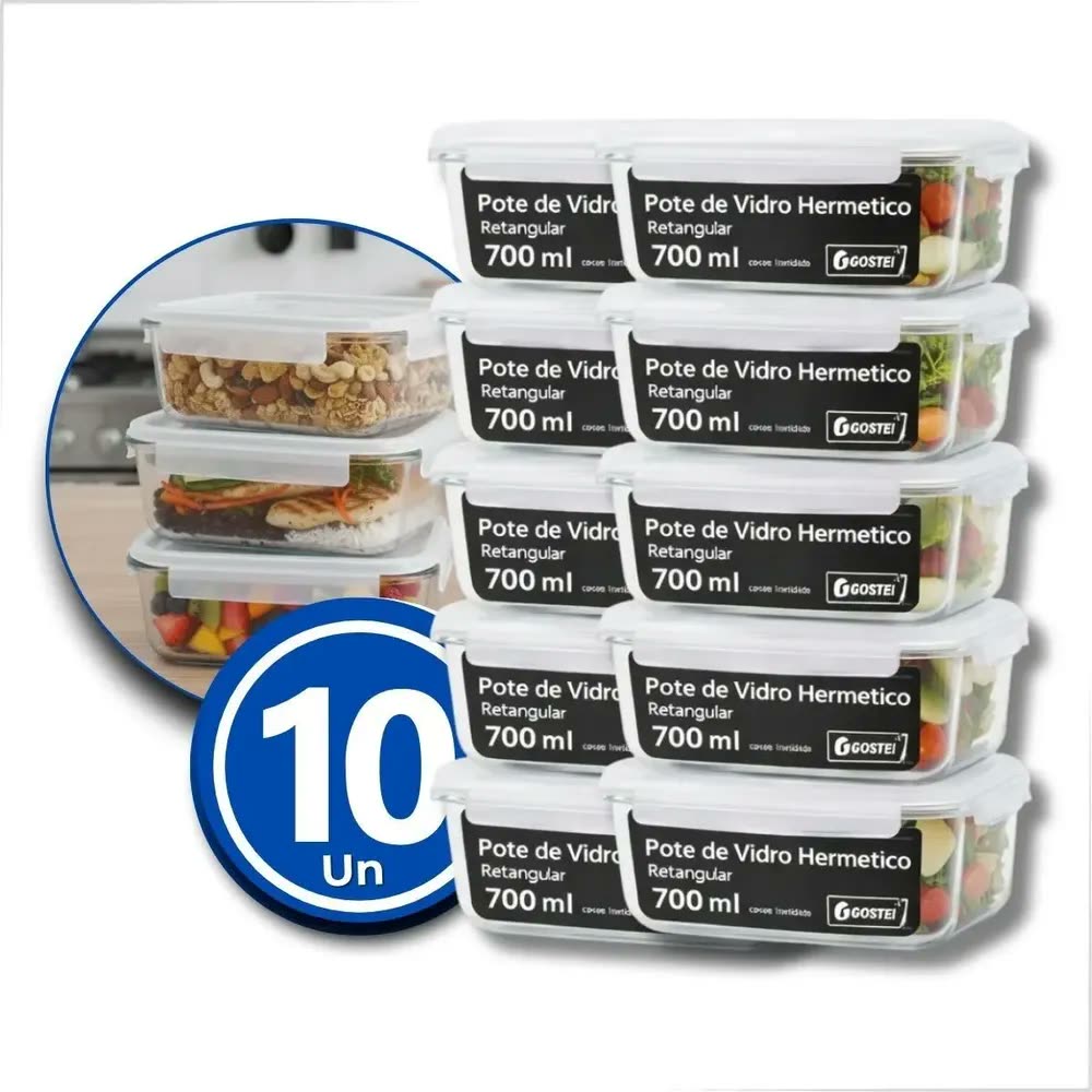 Kit 10 Potes De Vidro Hermetíco 700ml Marmita Forno Refratário Gostei! Transparente