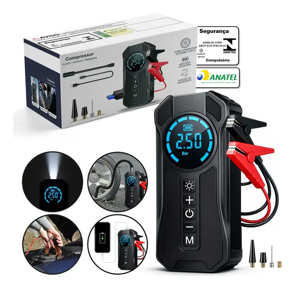 Compressor De Ar Portátil Com Partida Auxiliar Powerbank Compressor De Ar Digital Lanterna De Emergência Qualidade Profissional