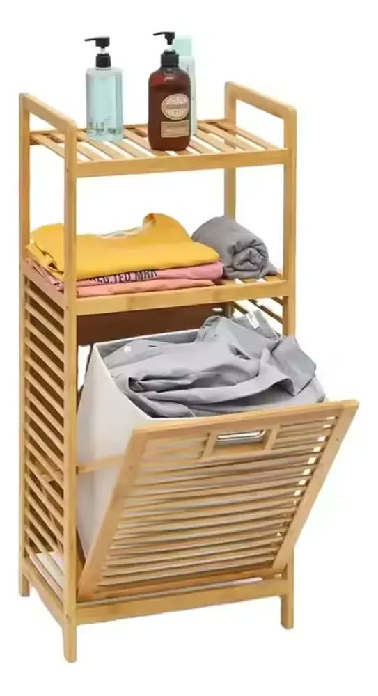 Cesto de Roupa Inclinável Retangular com 2 Prateleiras em Bambu Liso