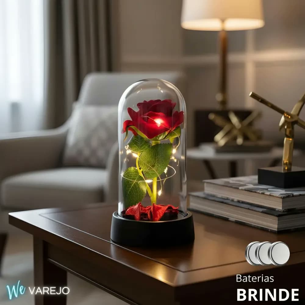 We Varejo - Mini Luminária Rosa Encantada Led Enfeite Cúpula Redoma A Bela E A Fera 8,5 X 16 Cm Modelo Mini Base Abs Preto Baterias