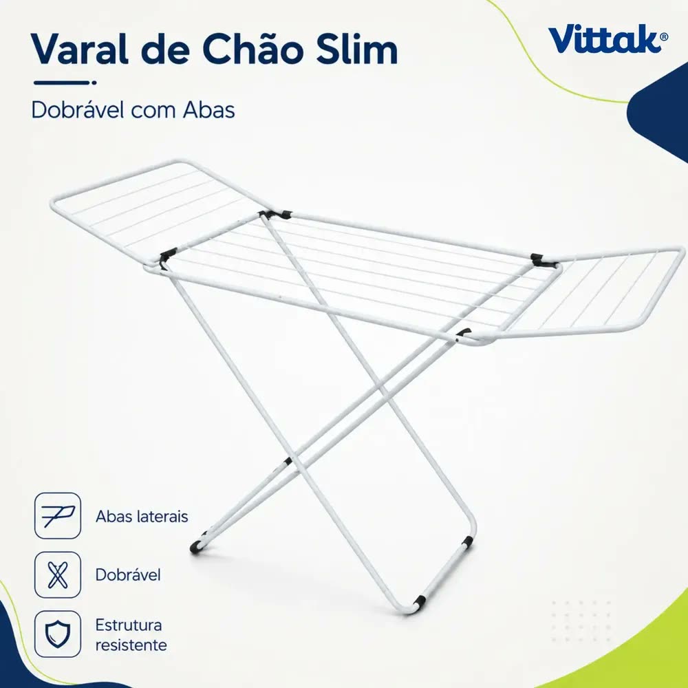 Vittak Varal de Chão Slim Dobrável com Abas Retráteis em Aço Reforçado Portátil para Roupas e Lavanderia