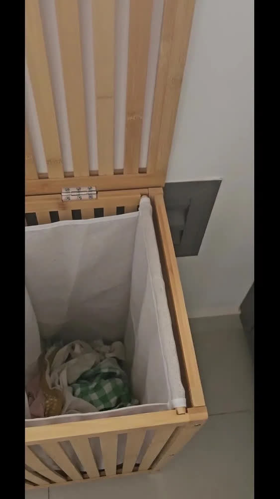 foto de Cesto De Roupa Suja Bambu Ripado Tampa Natural Com Forro Duplo Removível Lavável