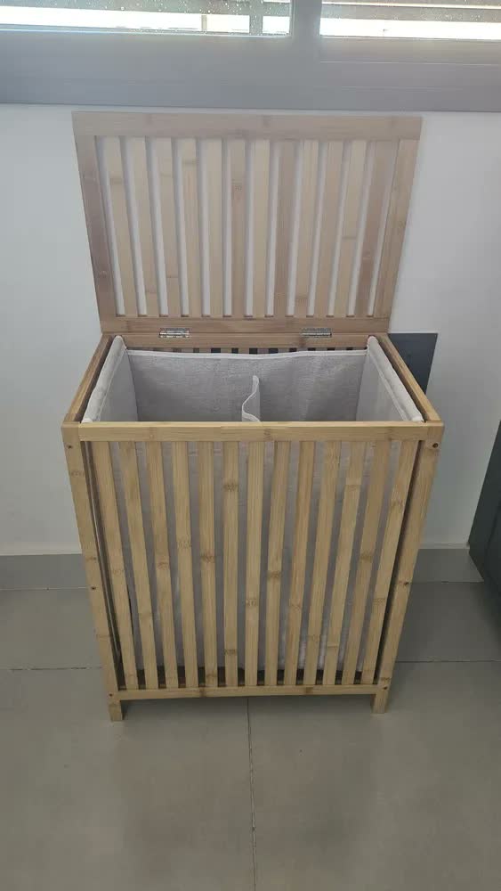 foto de Cesto De Roupa Suja Bambu Ripado Tampa Natural Com Forro Duplo Removível Lavável