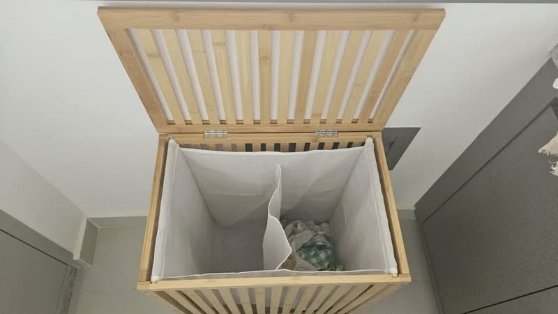 foto de Cesto De Roupa Suja Bambu Ripado Tampa Natural Com Forro Duplo Removível Lavável