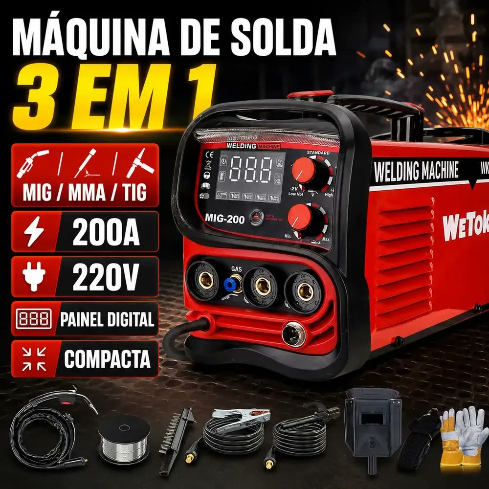 Kit 3 Em 1 Mig/mma/tig Máquina De Solda Inversora Portátil Profissional Com Acessórios Solda Alumínio, Aço E Inox Com Alta Eficiência