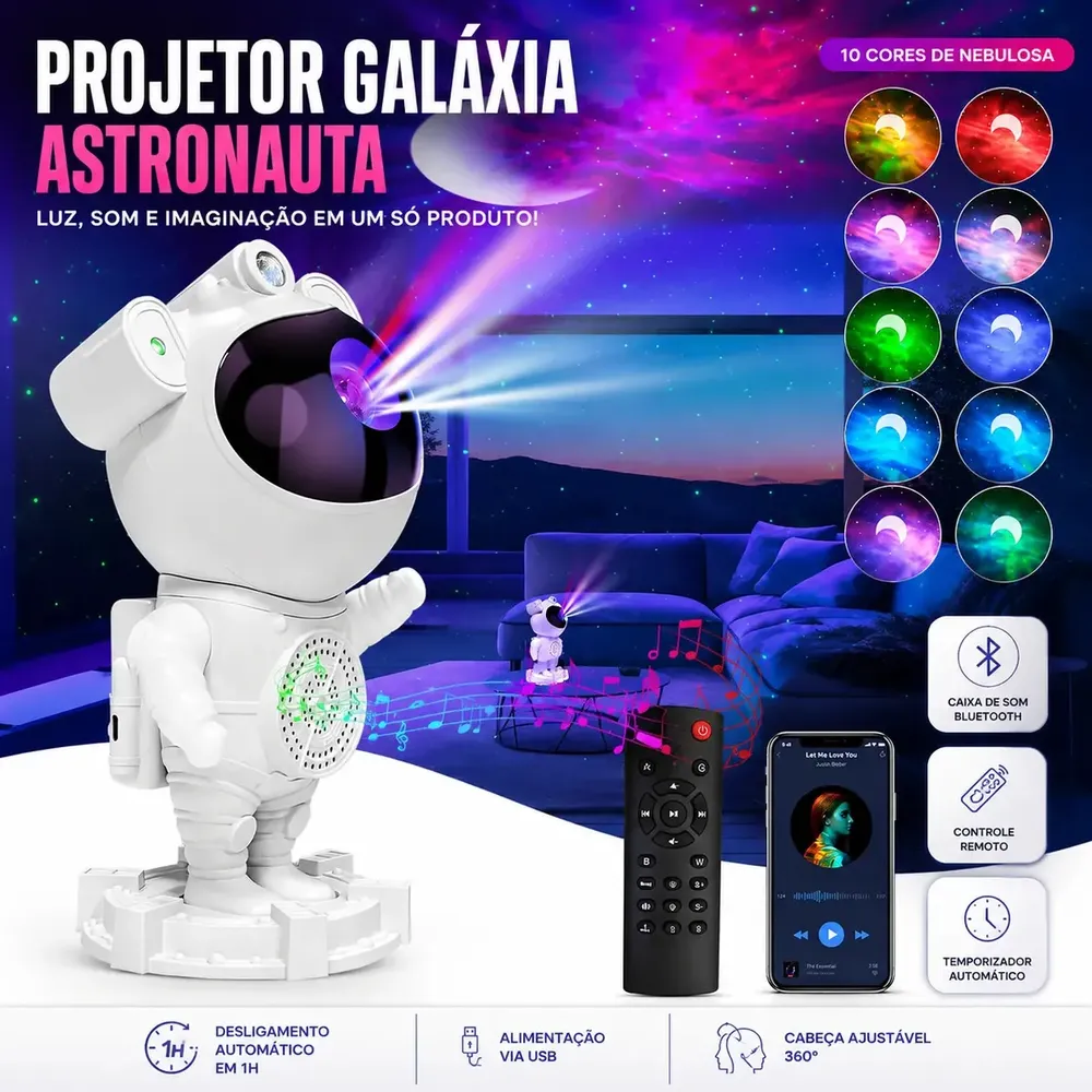 Projetor Astronauta Galáxia Abajur Com Caixa De Som Bluetooth E Controle Remoto Luz LED Nebulosa Estrelas Temporizador Cabeça Ajustável USB Para Quarto Infantil E Adulto - Sayonara