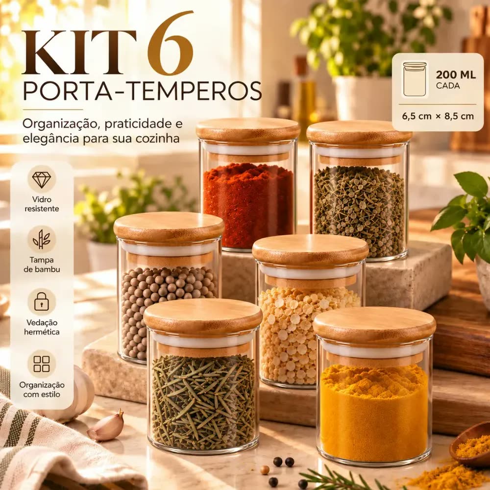foto de Kit 6 Potes De Vidro Porta Temperos 200ml Tampa Hermética De Bambu Ideal para Cozinha Organizar Mantimentos Vedação Forte Anti Vazamento