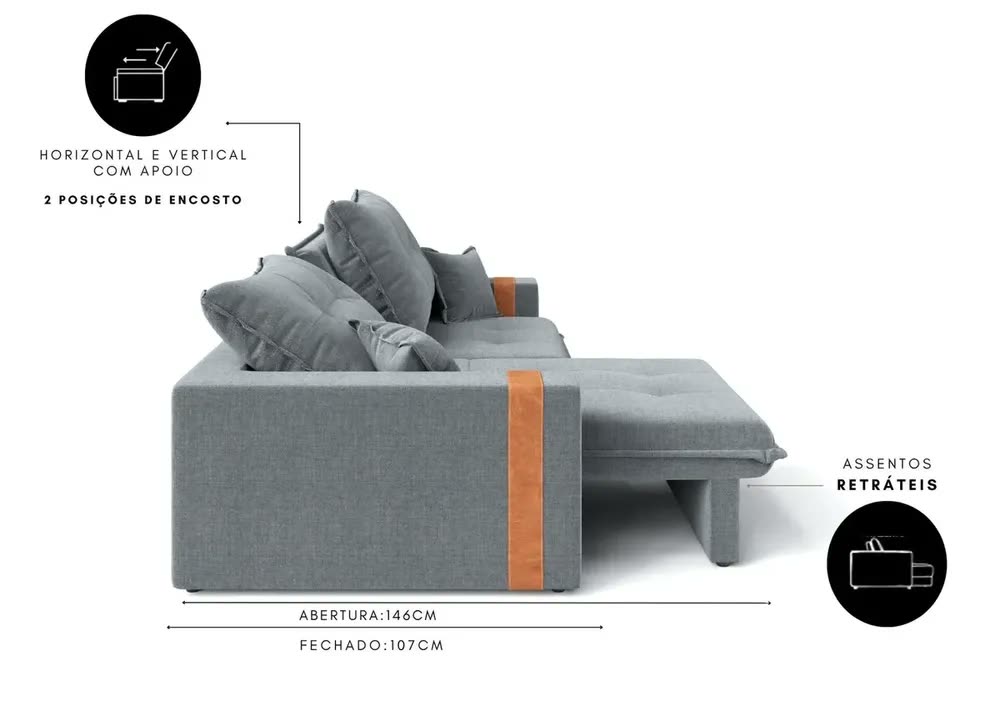 Sofá-cama Retrátil Reclinável 3 Lugares Linho 2,00m Ipanema Cor Cinza