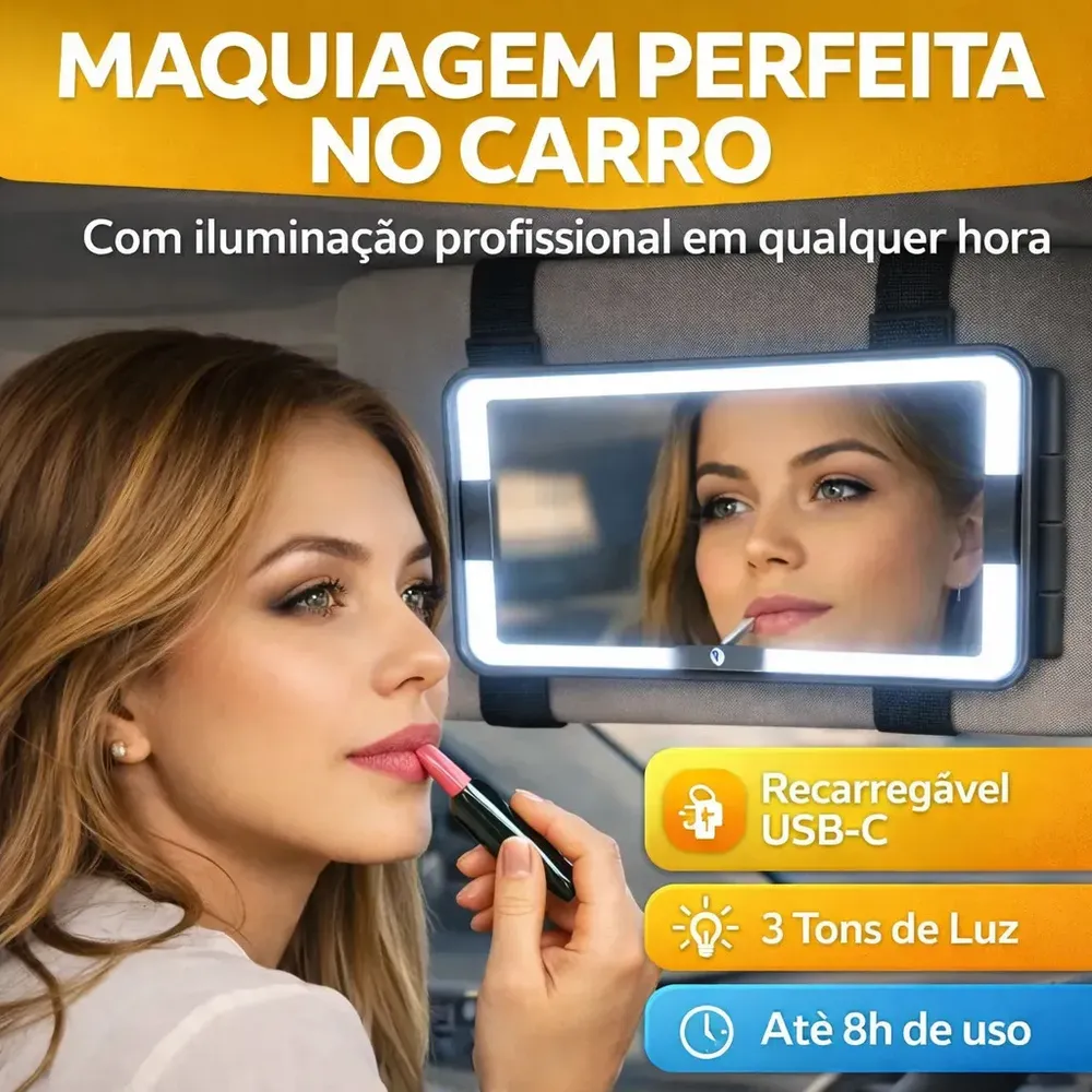 foto de Espelho Maquiagem Para Carro Com Led Recarregável Usb Tipo C 3 Tons De Luz Cores Quebra Sol Automotivo