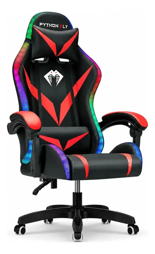 Cadeira Gamer E Escritório Python Fly Com Led Rgb Ergonômica Cor Vermelho e preto Material do estofamento Couro sintético