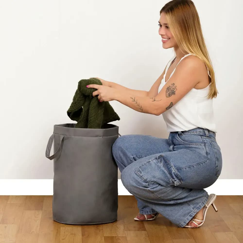 Cesto Saco Para Brinquedo Roupa Suja Grande Dobrável 48l Cinza