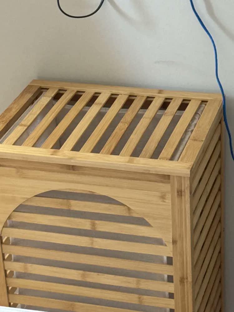 foto de Cesto De Roupa Suja Bambu Ripado Com Tampa Forro Removível Lavável Lavanderia