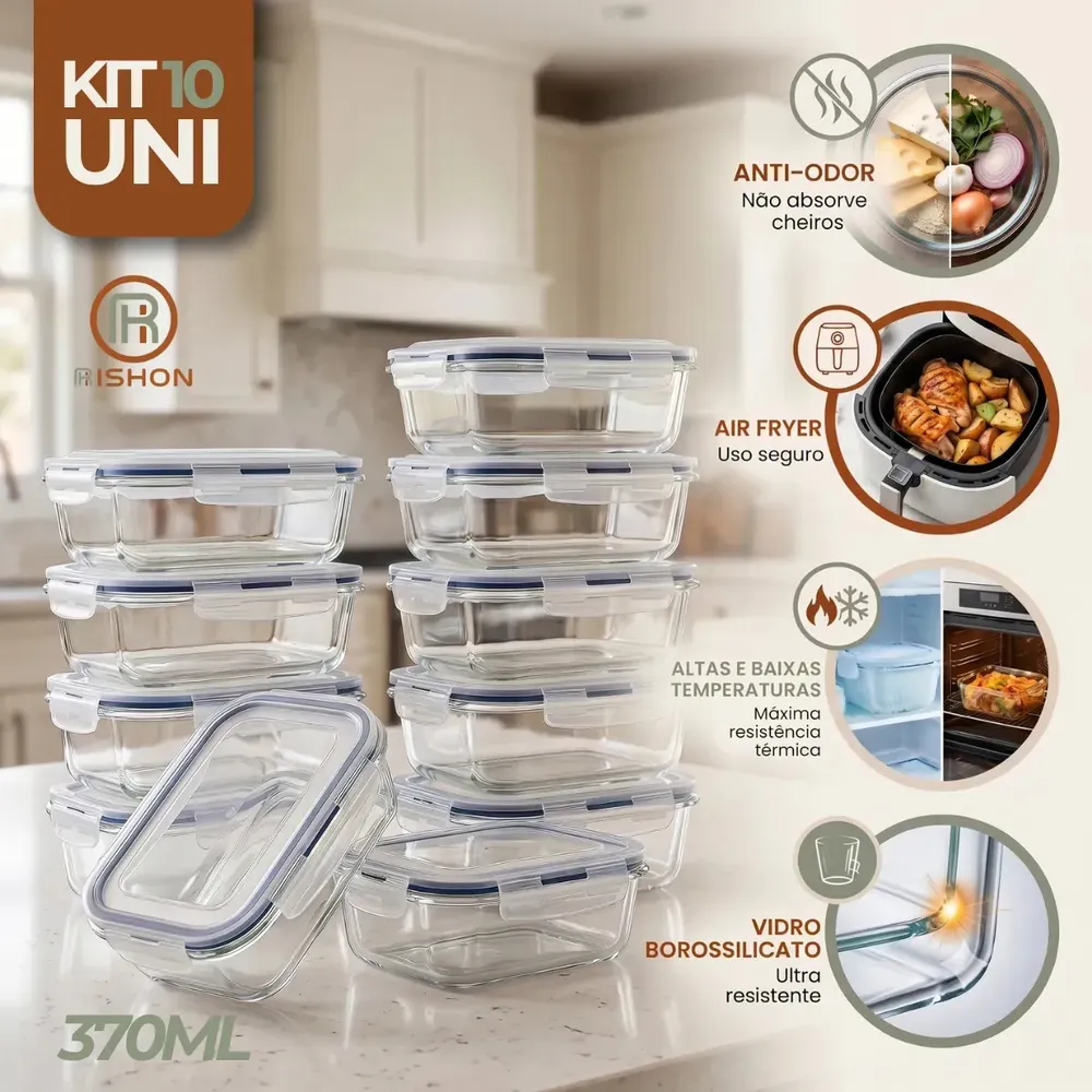foto de Kit 10 Pote De Vidro Marmita Hermético 370ml Freezer Fitness Rishon