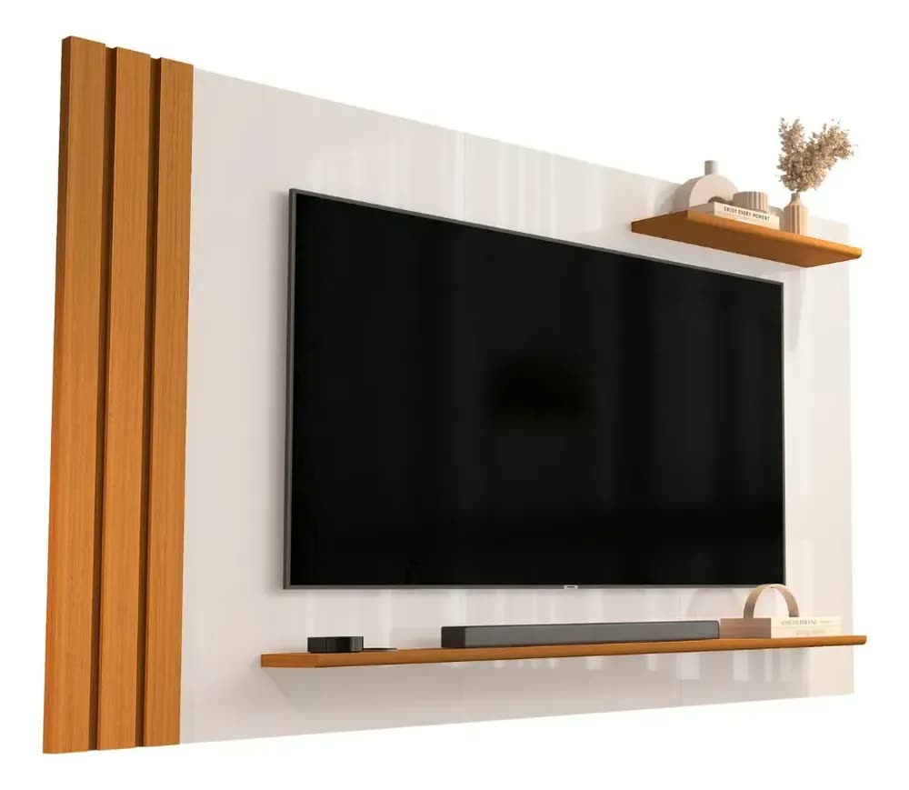 Painel Para Tv Até 55 Polegadas Ripado Com Prateleiras Aden Off White/madeirado