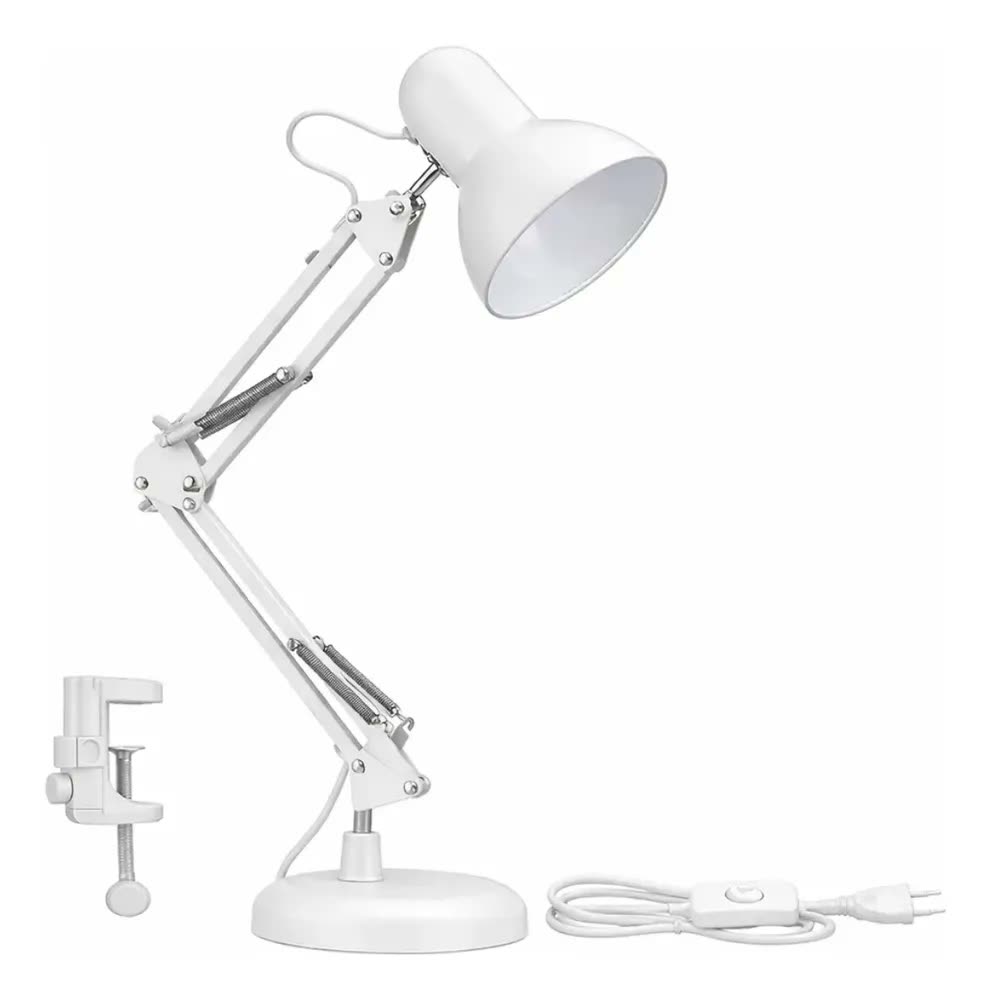 Luminária De Mesa Abajur Articulável Metal Branco Luz De Leitura Estudo Com Base E Garra Cúpula E Estrutura Flexível Para Mesa Quarto Sala Escritório Manicure 110v/220v Bravvi