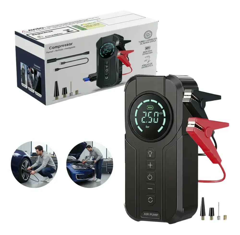 Auxiliar De Partida E Compressor De Ar 4 Em 1 12v Carro Moto Preto 50/60hz