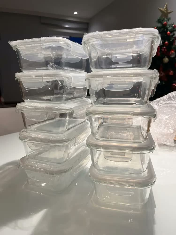 foto de Kit 5 Potes Herméticos de Vidro Borossilicato Yab 370ml Retangular com Tampa Branca