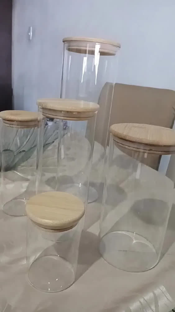 foto de Kit 5 Potes Herméticos de Vidro Yab com Tampa de Bambu para Cozinha e Alimentos