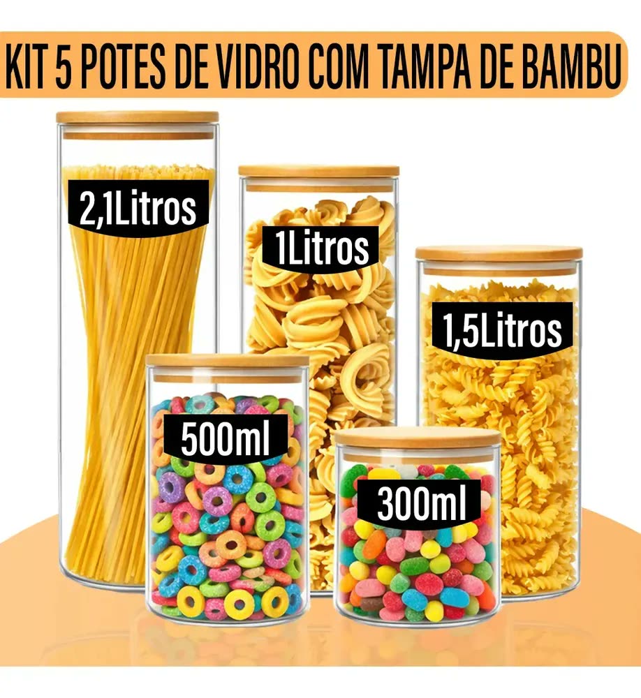 foto de Kit 5 Potes Herméticos de Vidro Yab com Tampa de Bambu para Cozinha e Alimentos