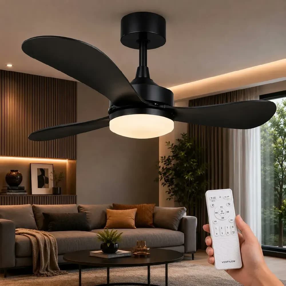 Ventilador de Teto Ventilow Neon Preto, 85 cm, com LED Dimerizável e Controle Remoto, para Quarto e Sala