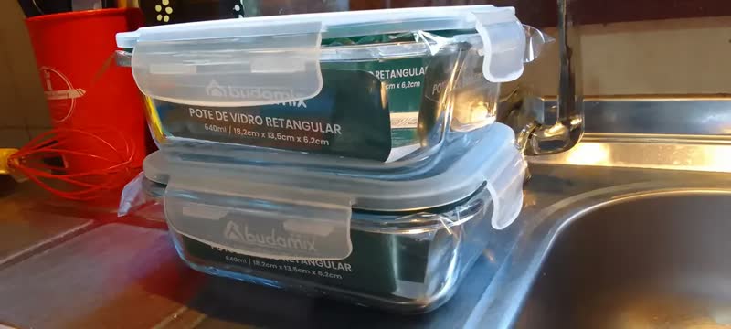 foto de Kit 2 Potes Vidro 640ml Tampa Hermético Travas Vedação Azul-petróleo