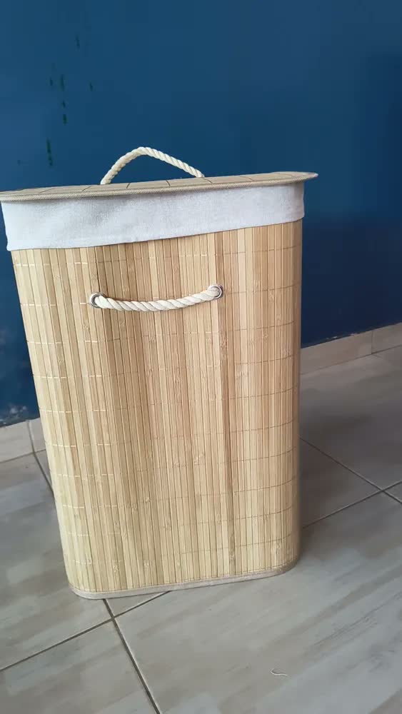 foto de Cesto de Roupa Bambu Retangular de 72L com Tampa e Forro de Linho