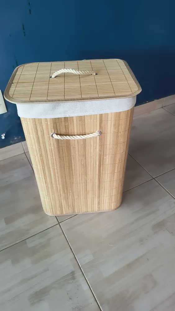 foto de Cesto de Roupa Bambu Retangular de 72L com Tampa e Forro de Linho