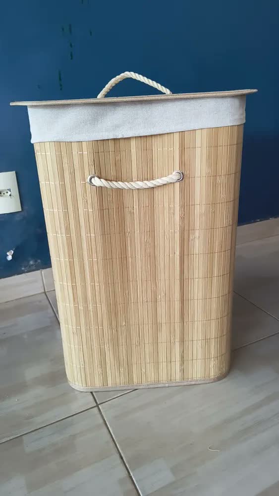 foto de Cesto de Roupa Bambu Retangular de 72L com Tampa e Forro de Linho