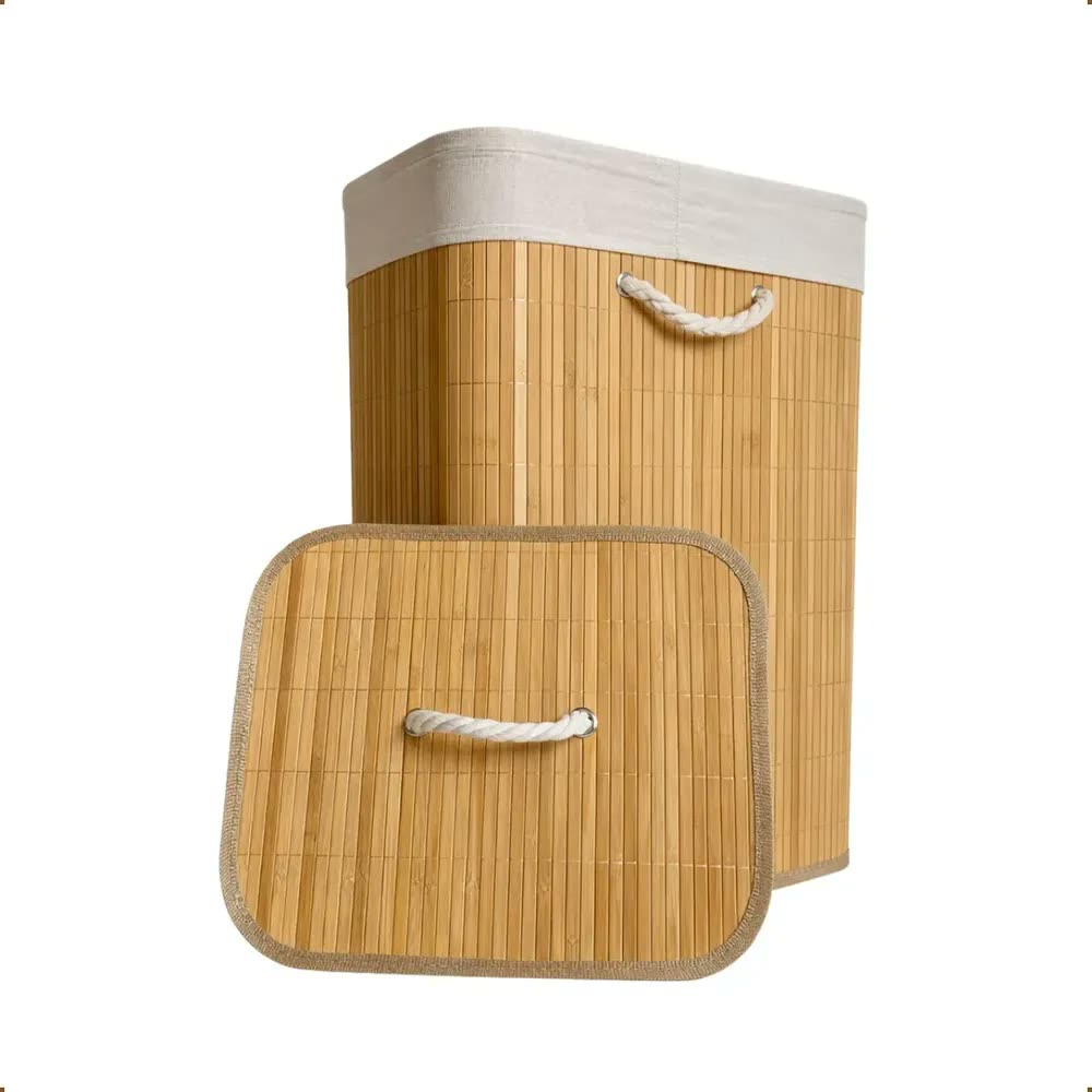 foto de Cesto de Roupa Bambu Retangular de 72L com Tampa e Forro de Linho