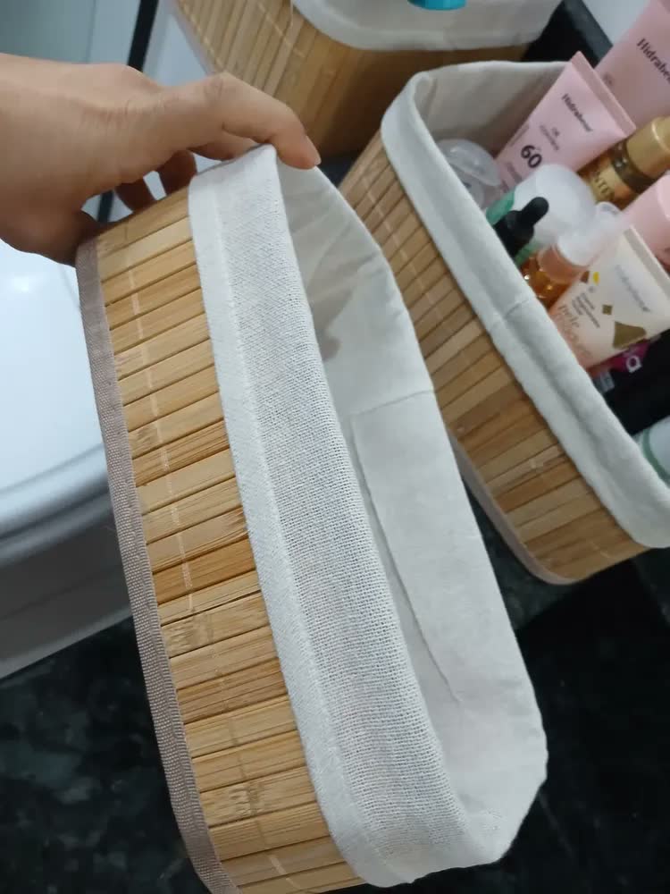 foto de Kit 3 Cestos Organizadores de Bambu Retangulares com Forro Lavável Multiuso Organizar Casa Banheiro Cozinha Guarda-Roupa Lavanderia Armazenamento de Objetos - Nany Pink