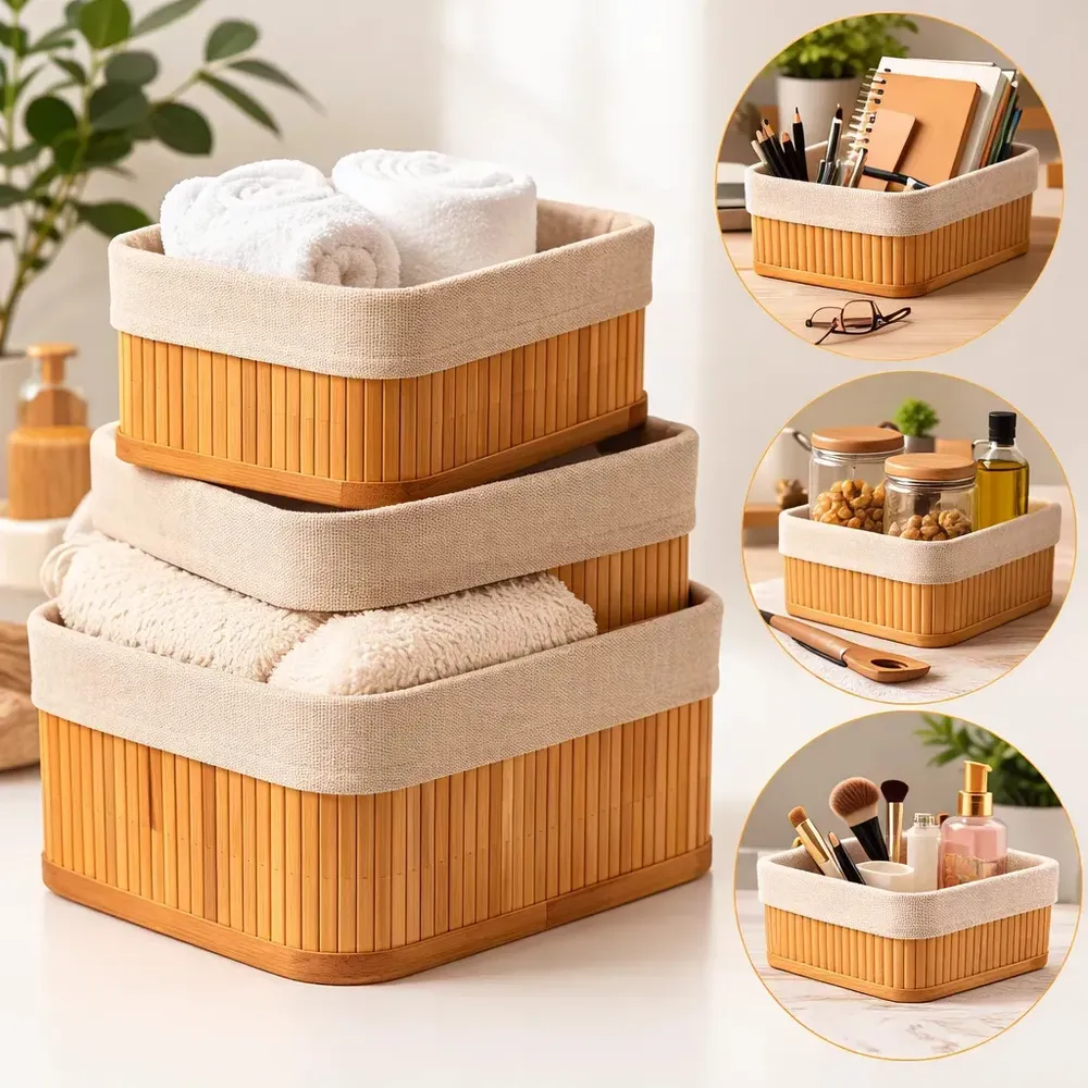 Kit 3 Cestos Organizadores de Bambu Retangulares com Forro Lavável Multiuso Organizar Casa Banheiro Cozinha Guarda-Roupa Lavanderia Armazenamento de Objetos - Nany Pink