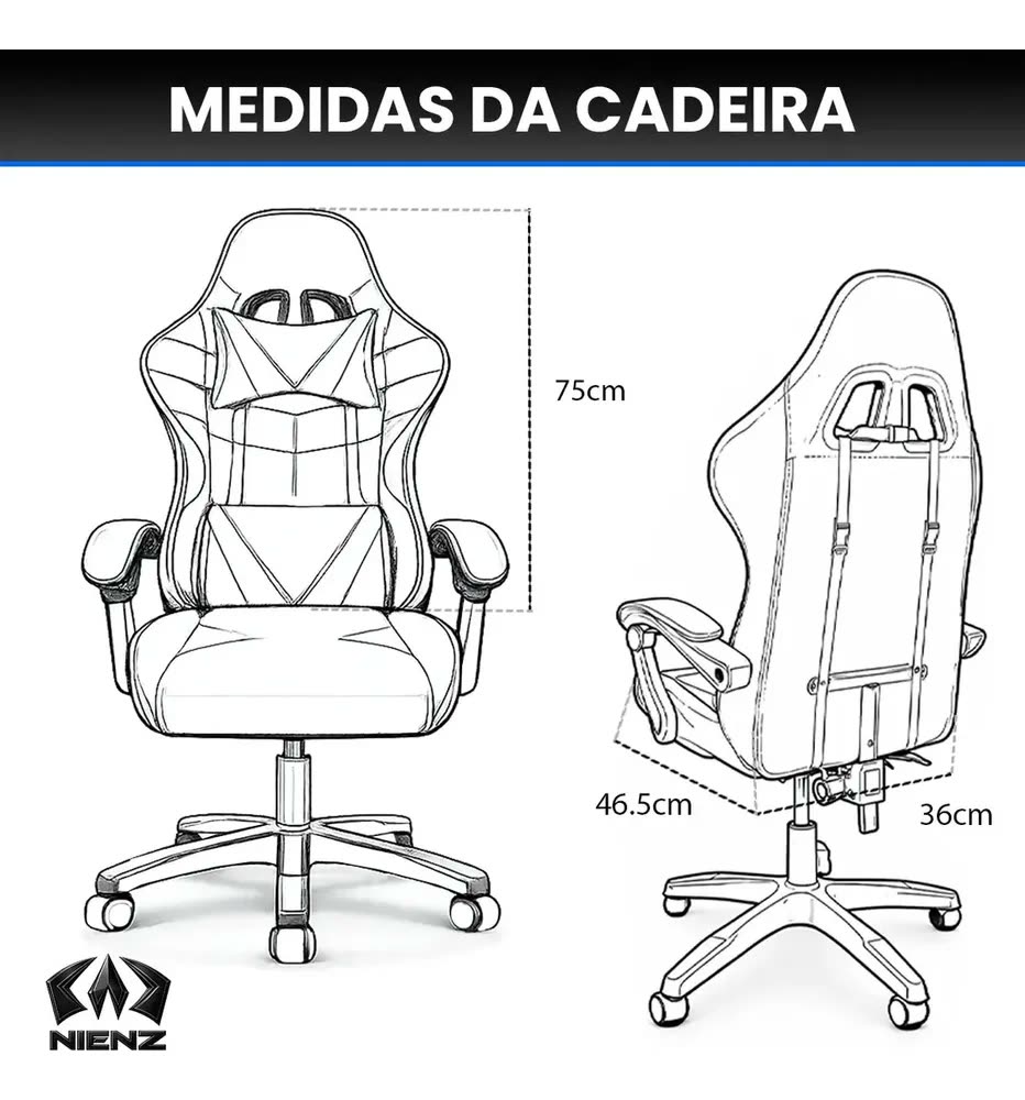 Cadeira De Escritório Gamer Ergonômica Reclinável Estofado Couro Sintético Altura Ajustável Cor Azul Oblivion Nienz