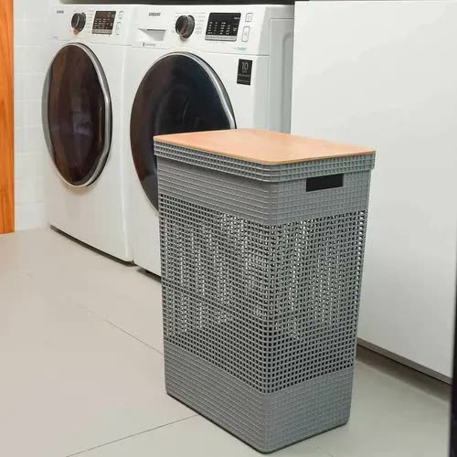 Cesto De Roupas Grid 49l Tampa Bambu Chumbo Cg455chf - Ou