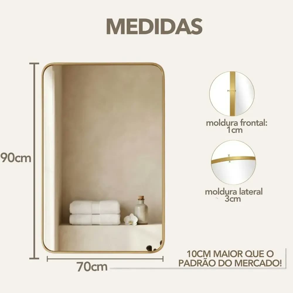 foto de Espelho Retrô Retangular Dourado 90x70cm Luxo Banheiro Parede Moldura Alumínio Decorativo Horizontal Vertical The Mirror Lab