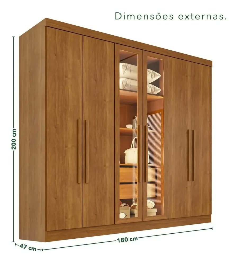 Guarda-roupa Casal Com Pés Reflecta Com Led 06 Portas Cinamomo