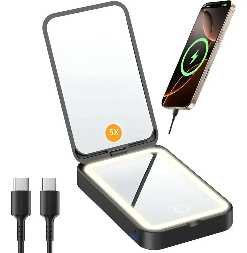 foto de Espelho de Bolso Com LED e Aumento 5x, Recarregável de 3000mAh