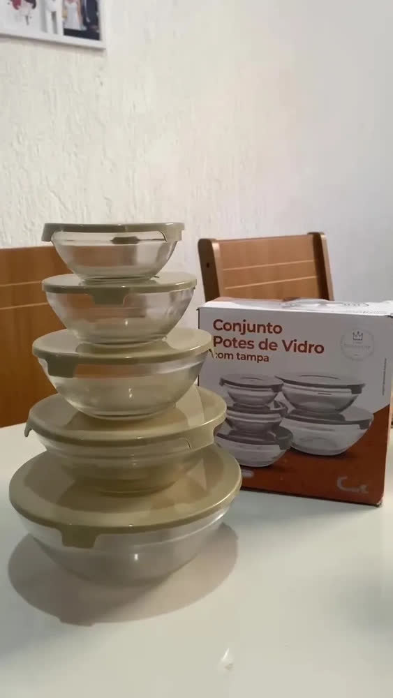 foto de Kit 5 Potes De Vidro Redondo Com Tampa Tigela Hermético Freezer Micro-ondas Marmita Ideal para Alimentos e Refeições VYROX - VRX