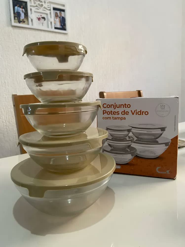 foto de Kit 5 Potes De Vidro Redondo Com Tampa Tigela Hermético Freezer Micro-ondas Marmita Ideal para Alimentos e Refeições VYROX - VRX