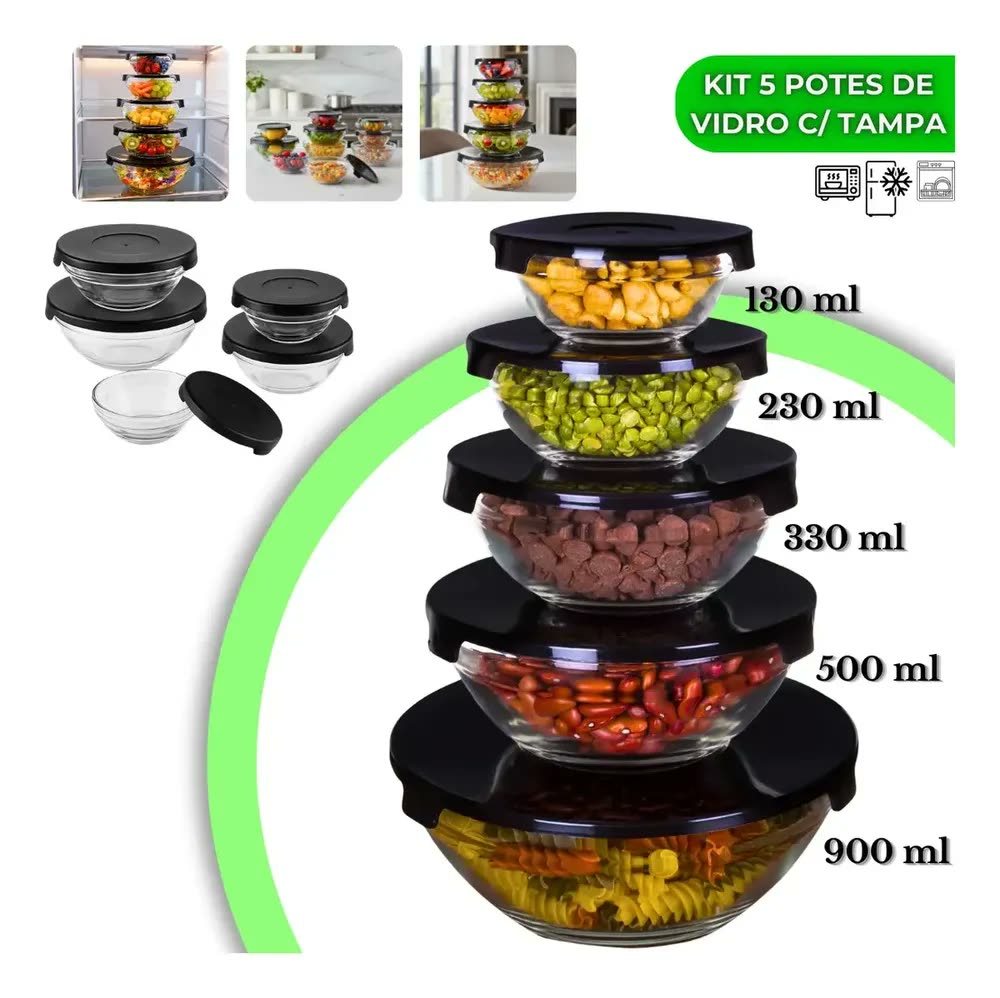 Kit 5 Potes De Vidro Redondo Com Tampa Tigela Hermético Freezer Micro-ondas Marmita Ideal para Alimentos e Refeições VYROX - VRX
