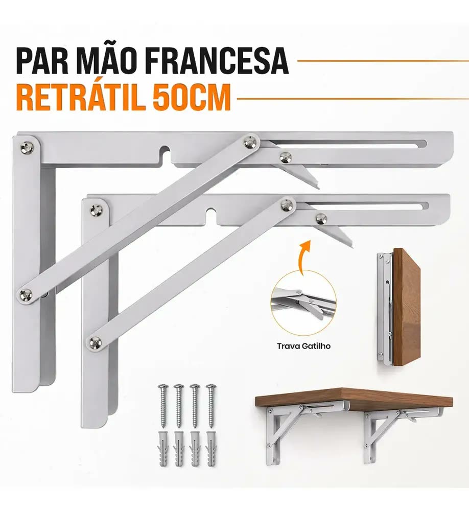 foto de Kit 2 Suporte Mão Francesa Cantoneira Dobrável Retrátil 50cm Reforçada Para Prateleira Bancada Mesa Parede Madeira Resistente Com Kit Instalação Parafuso E Bucha Cor Branco Sanri