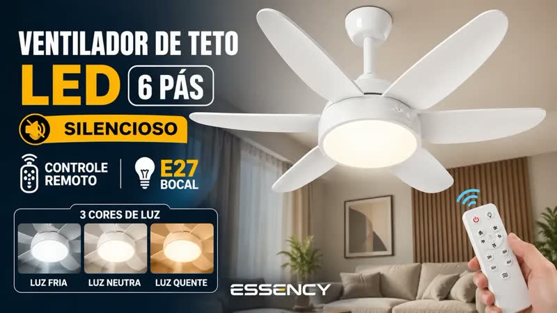 foto de Ventilador De Teto Led Branco 6 Pás Silencioso Controle Remoto 3 Cores De Luz Bocal E27 Essency