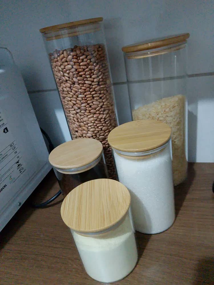 foto de Kit 5 Potes De Vidro Herméticos Com Tampa De Bambu Para Mantimentos Alimentos Grãos Café Massas Cereais Cozinha Com Vedação Hermética Vidro Borossilicato Livre Bpa Transparente