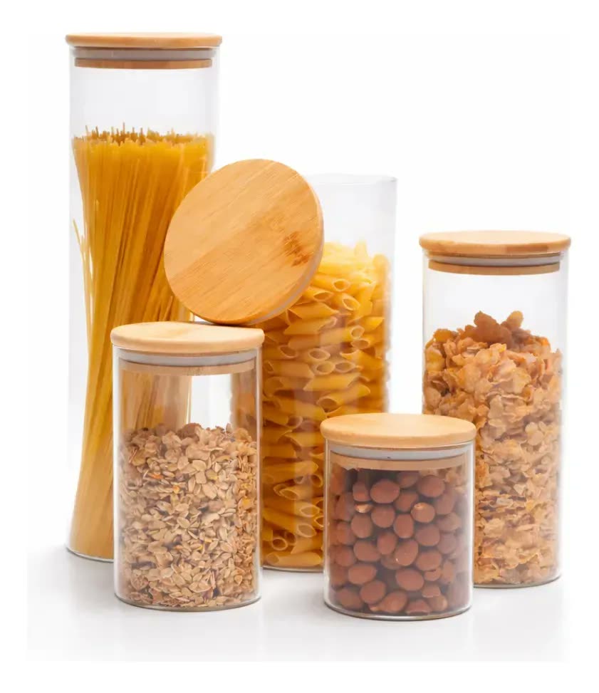 foto de Kit 5 Potes De Vidro Herméticos Com Tampa De Bambu Para Mantimentos Alimentos Grãos Café Massas Cereais Cozinha Com Vedação Hermética Vidro Borossilicato Livre Bpa Transparente