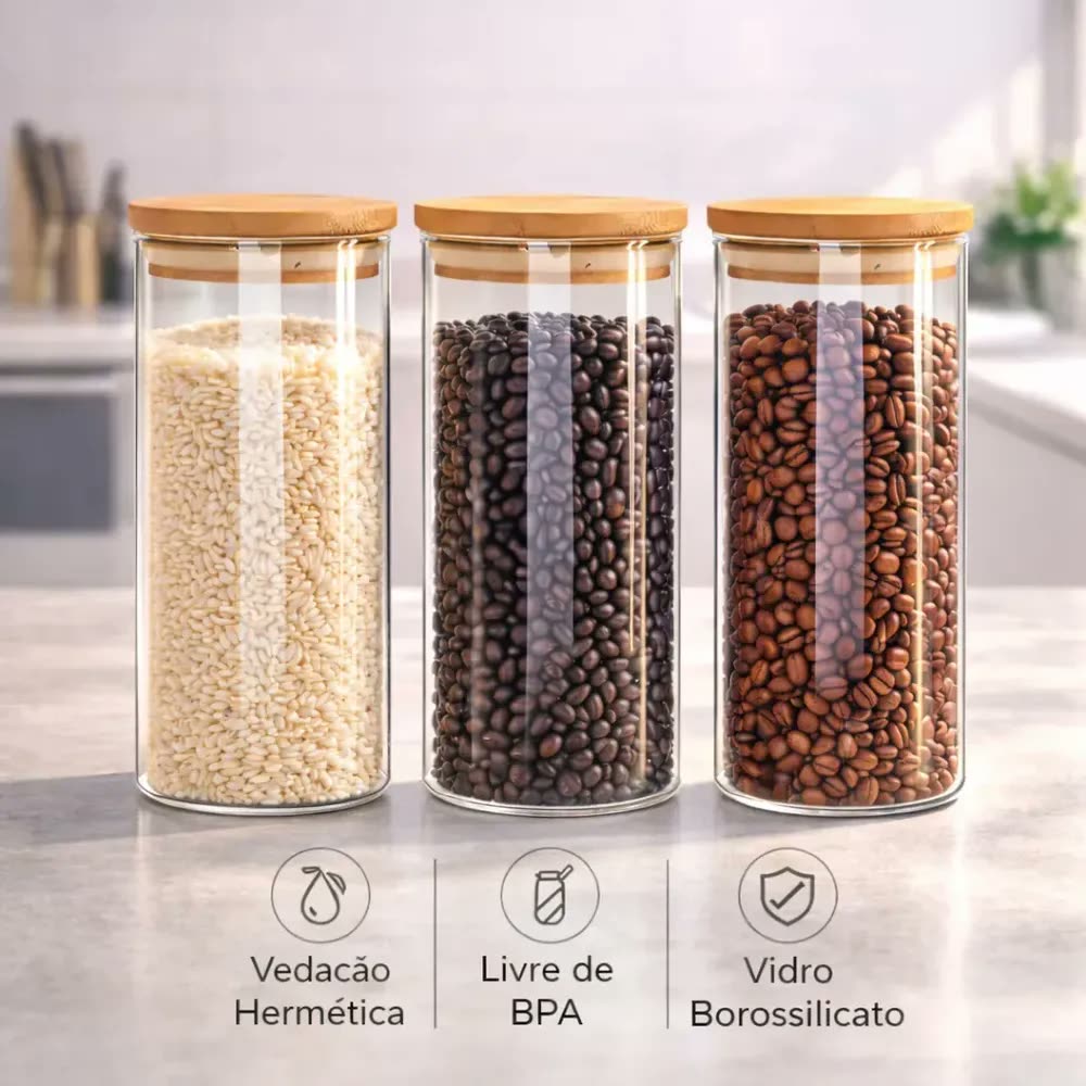 Kit 3 Potes De Vidro Herméticos Com Tampa De Bambu De 1 Litro Para Mantimentos Alimentos Grãos Café Massas Cereais Cozinha Com Vedação Hermética Vidro Borossilicato Bpa Free Transparente