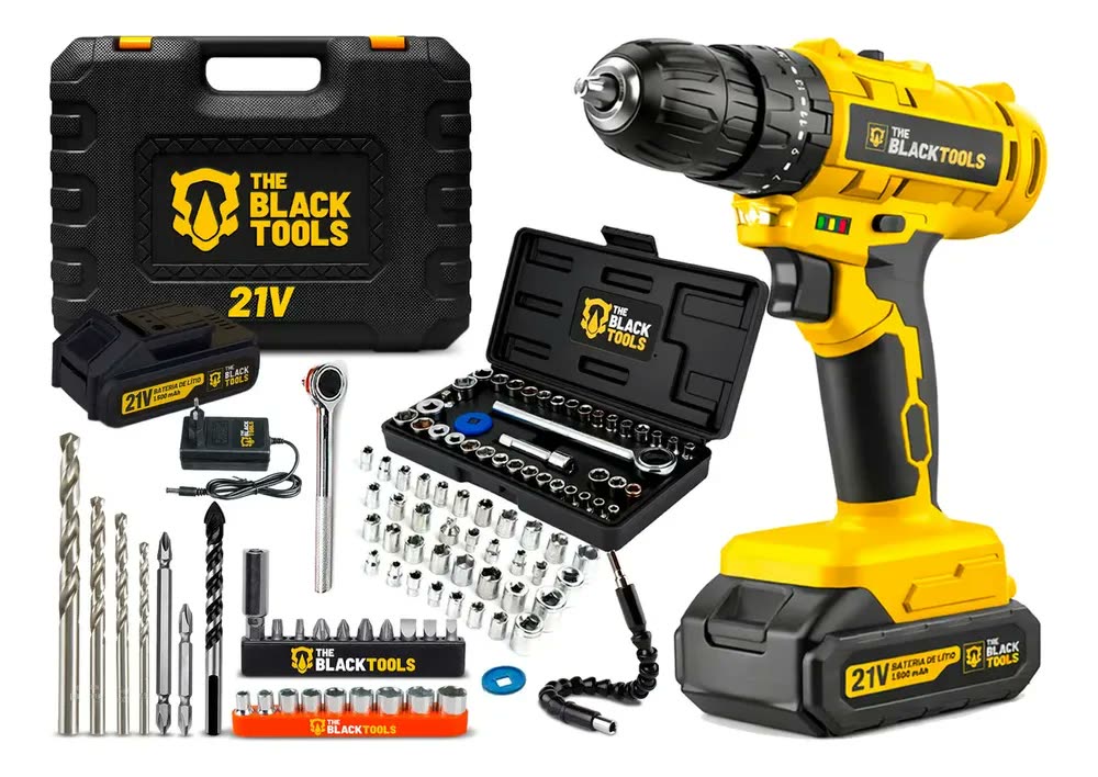 Kit Furadeira Parafusadeira 21v 2 Baterias E Soquetes 40 Pçs Amarelo E Preto 60hz