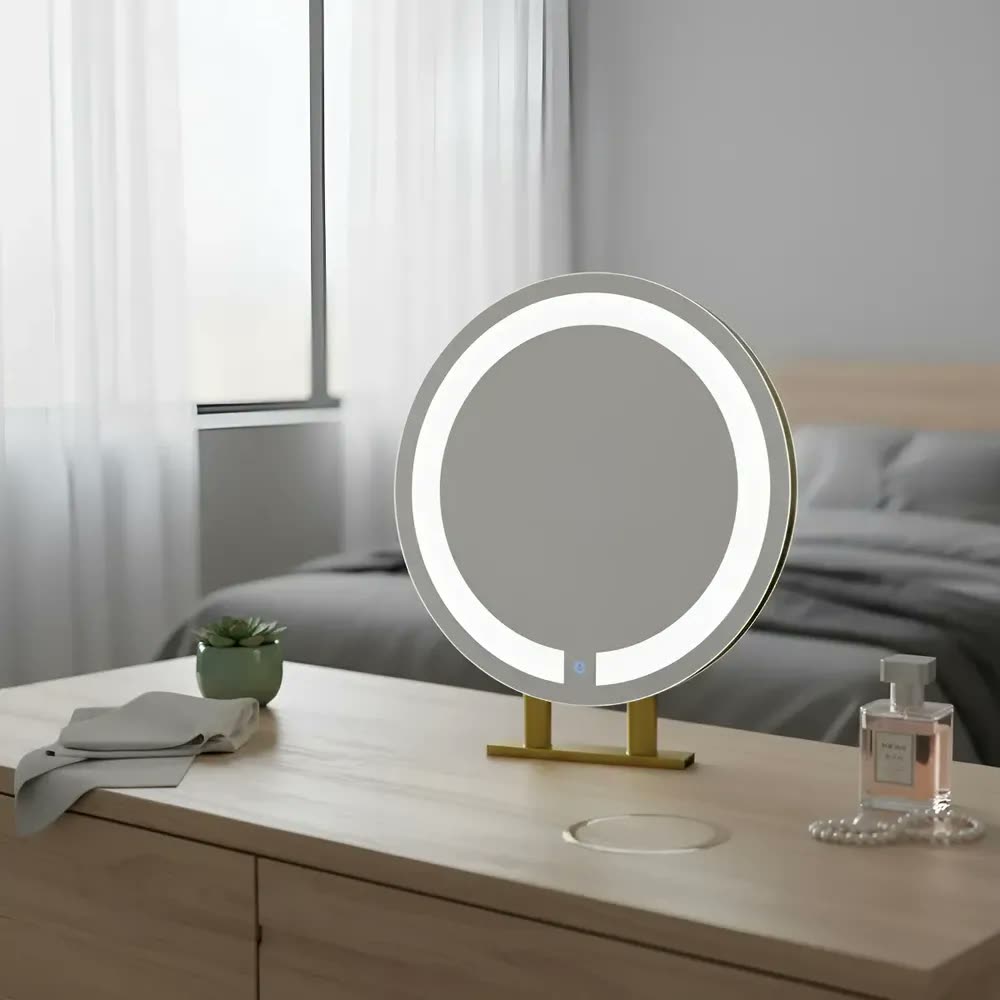 foto de Espelho Redondo 50cm Bancada Duplo Com Iluminação 3 Leds Moldura Dourado